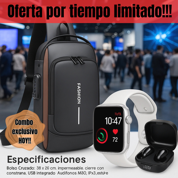 Combo bolso, reloj, audífonos